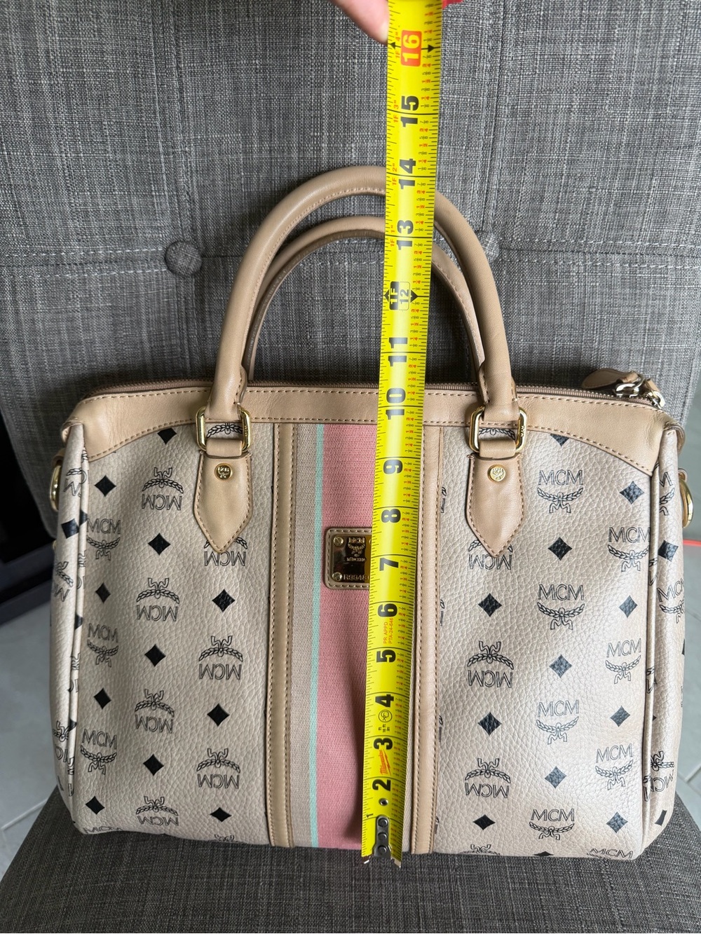 MCM Beige Satchel with Pink and Mint Center Stripe - Picture 12 of 15